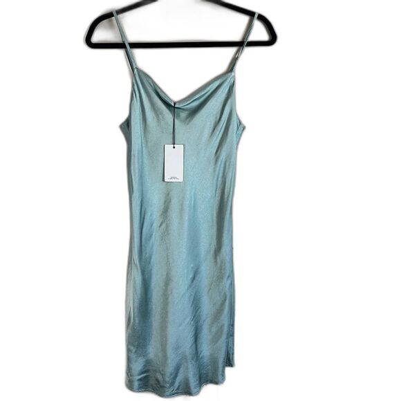 Lanston NWT Seafoam Green Bias Cut Mini Slip Dress Lined Metallic Sheen Green XS - Picture 2 of 13